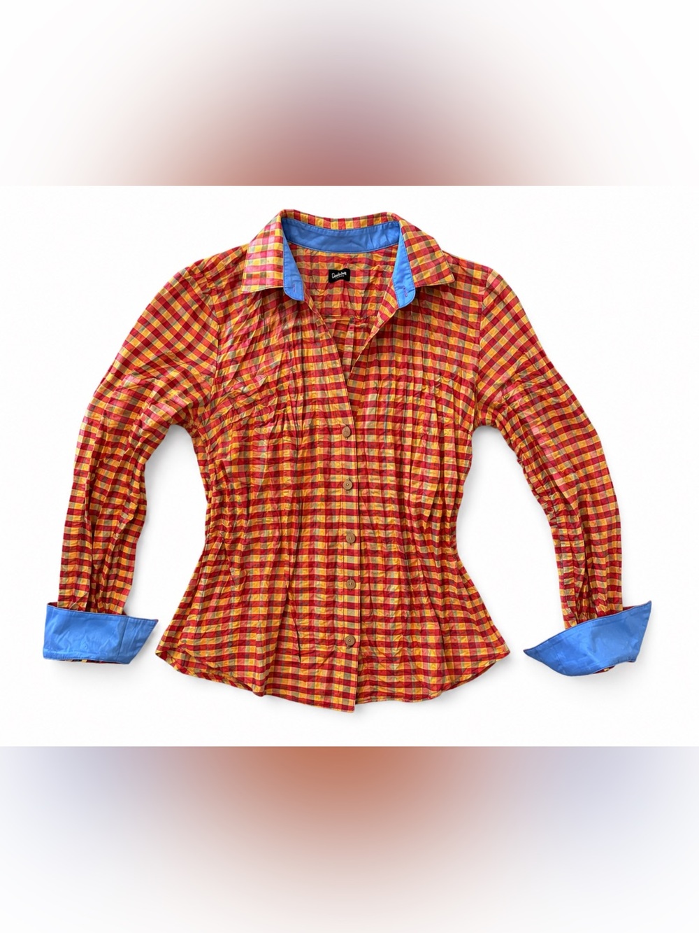 Beluva by Firuze San Francisco Plaid Crinkle Button Up Blouse Made in USA Medium